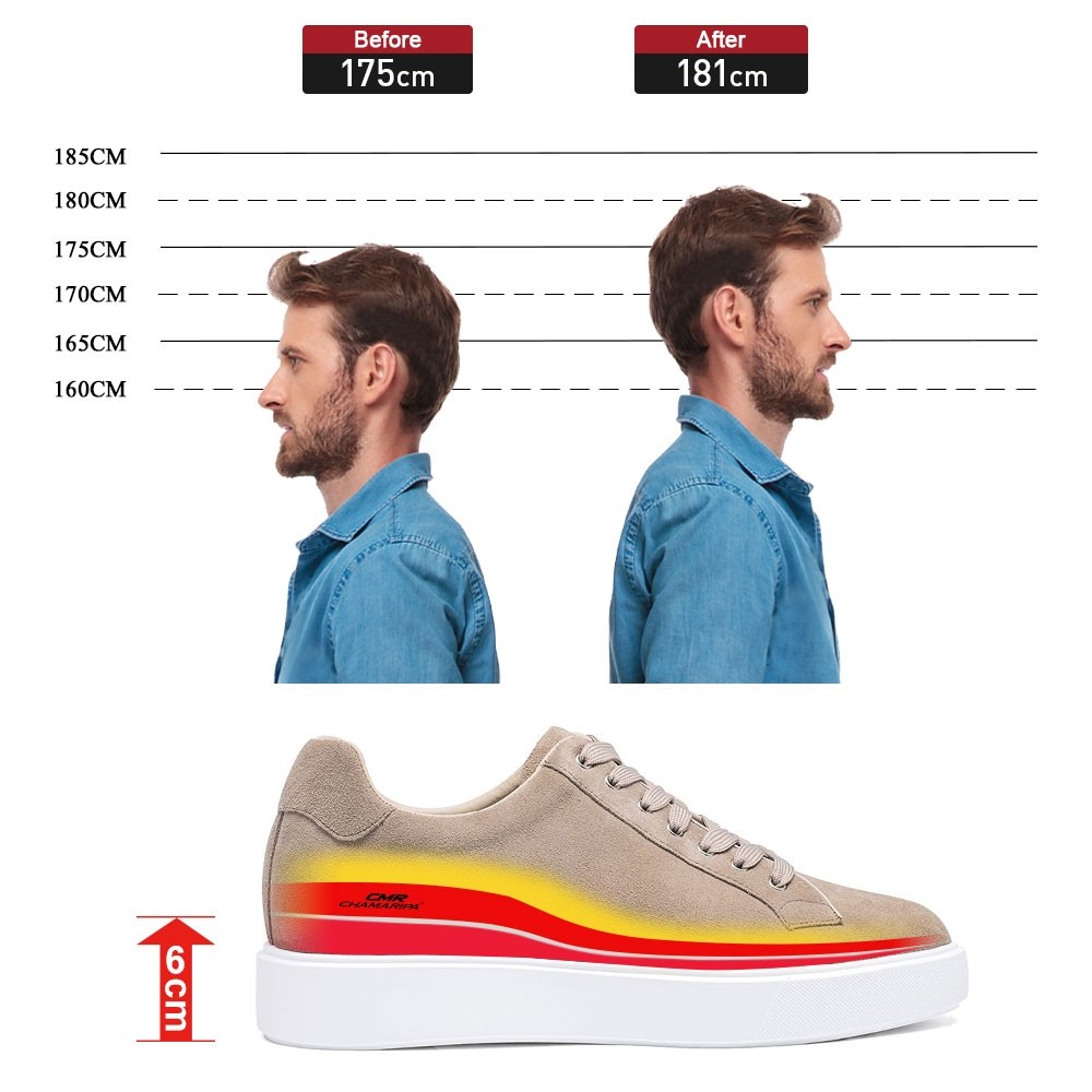 STRIDE Elevator Shoes Suede Leather Apricot Sneakers That Add Height 6 CM / 2.36 Inches