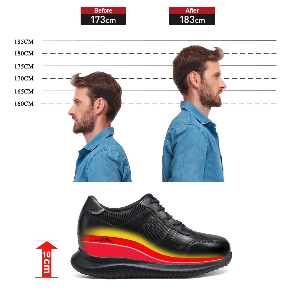 STRIDE Elevator Sneakers For Men Black Genuine Leather Shoes To Be Taller 10CM / 3.94 Inches
