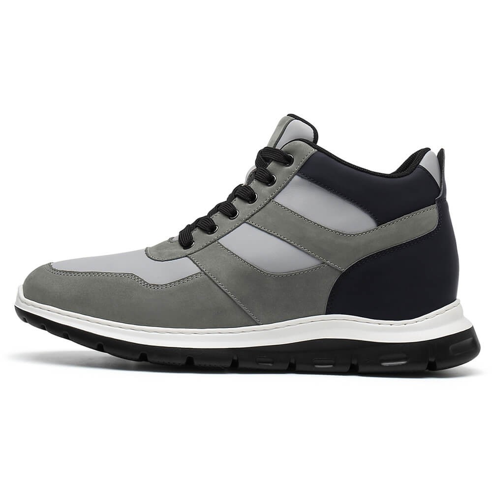 STRIDE Elevator Shoes For Men - Height Increasing Sneakers - Gray Nubuck High Top Sneakers 9cm / 3.54 Inches