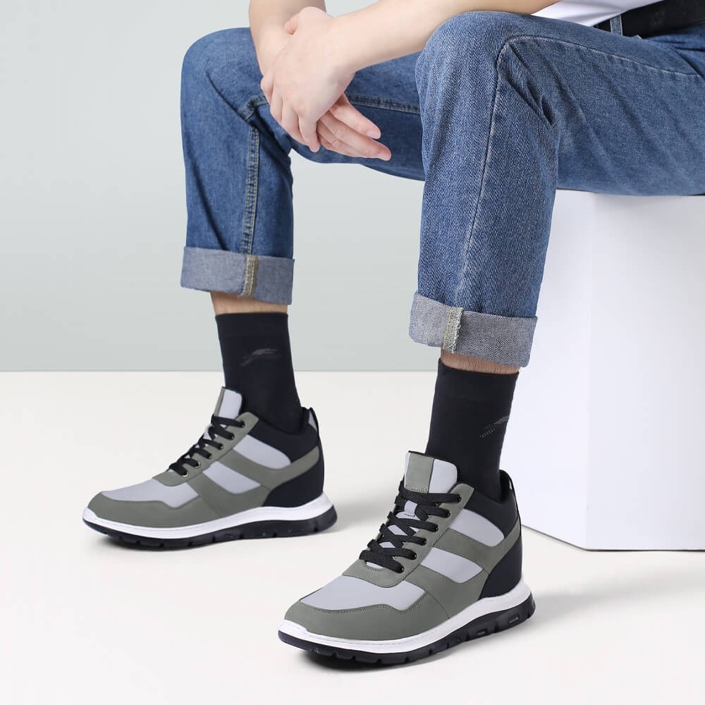 STRIDE Elevator Shoes For Men - Height Increasing Sneakers - Gray Nubuck High Top Sneakers 9cm / 3.54 Inches