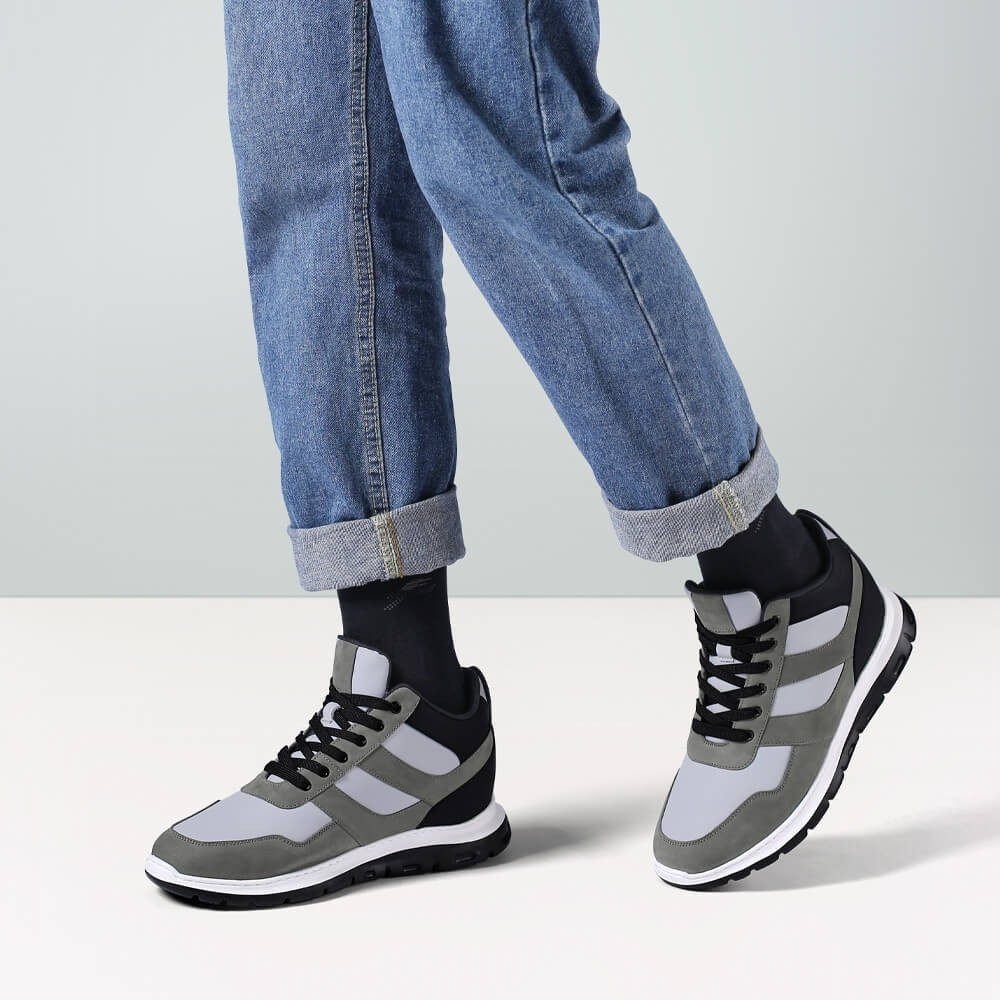 STRIDE Elevator Shoes For Men - Height Increasing Sneakers - Gray Nubuck High Top Sneakers 9cm / 3.54 Inches