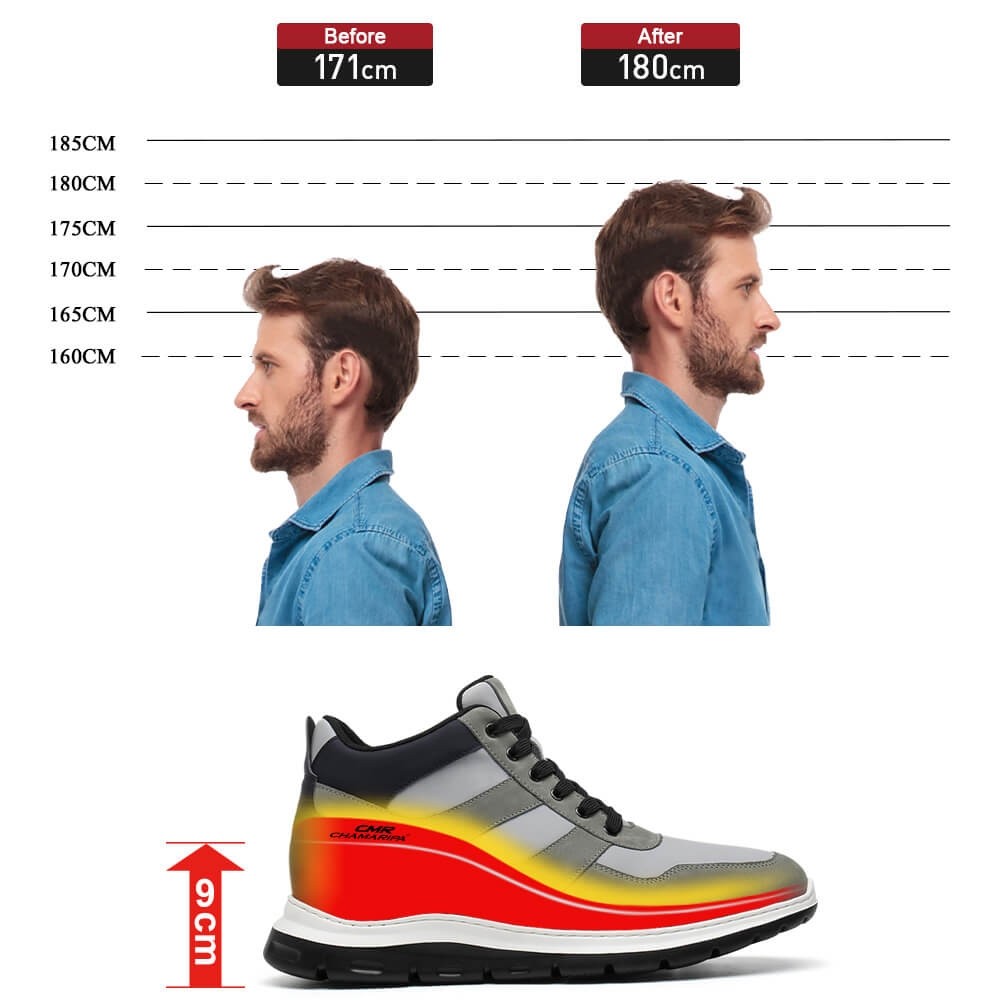 STRIDE Elevator Shoes For Men - Height Increasing Sneakers - Gray Nubuck High Top Sneakers 9cm / 3.54 Inches