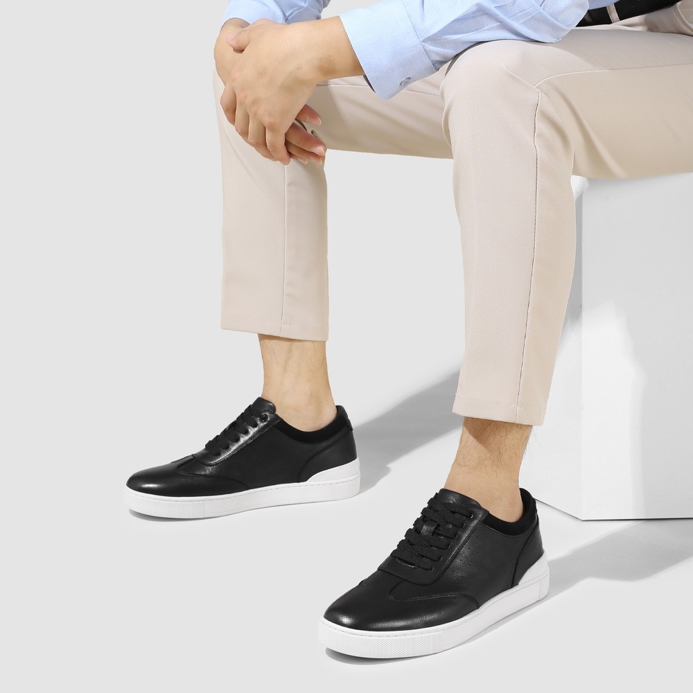 STRIDE Elevator Shoes Sneakers - Men Casual Black Leather Sneakers 5cm / 1.95 Inches