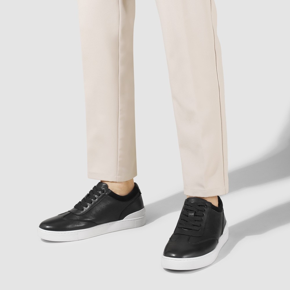 STRIDE Elevator Shoes Sneakers - Men Casual Black Leather Sneakers 5cm / 1.95 Inches