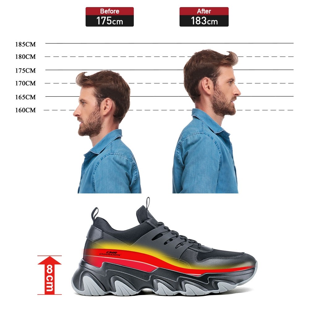 STRIDE Height Increase Sneakers - Sneakers That Make You Taller - Black Breathable Fashion Men Walking Shoes 8 CM / 3.15 Inches