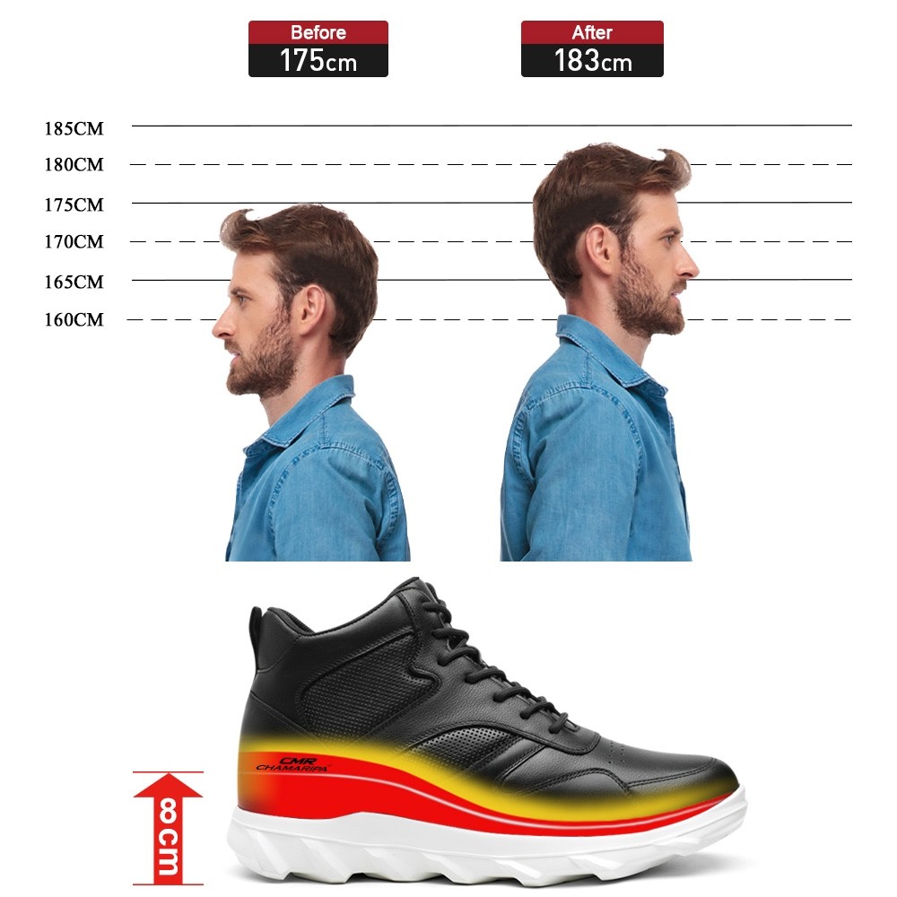 STRIDE Height Increasing Shoes - Mens Shoes That Add Height - Black High Top Sneakers 8cm / 3.15 Inches