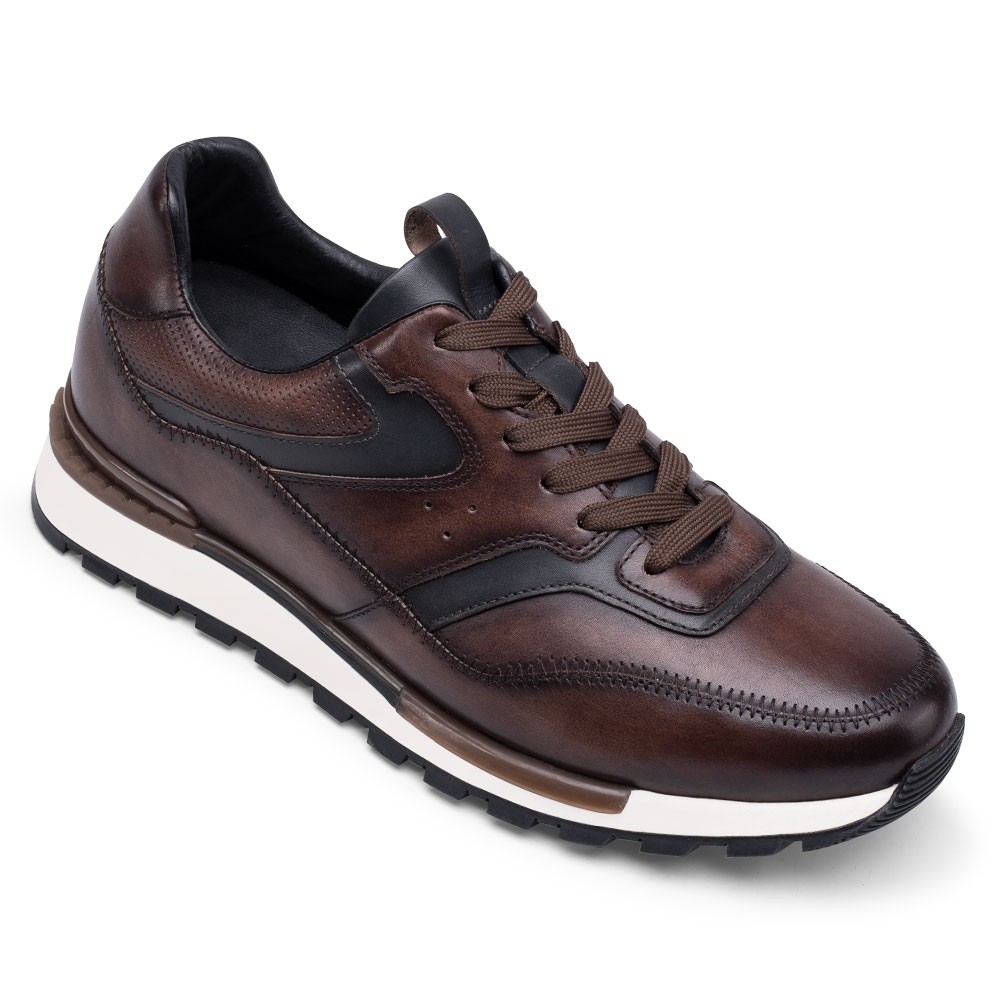 STRIDE Height Increasing Shoes - Brown Leather Casual Elevator Sneakers - 7CM/2.76 Inches Taller