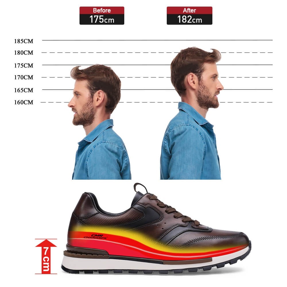 STRIDE Height Increasing Shoes - Brown Leather Casual Elevator Sneakers - 7CM/2.76 Inches Taller