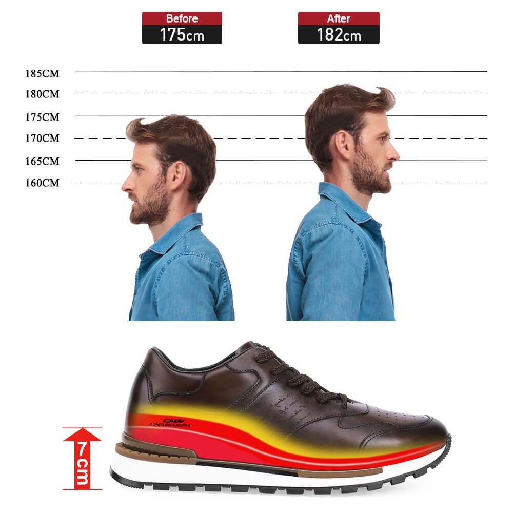 STRIDE - Elevator Shoes For Men - Height Increasing Shoes - Brown Leather Casual Tall Men Shoes - 7CM/2.76 Inches Taller