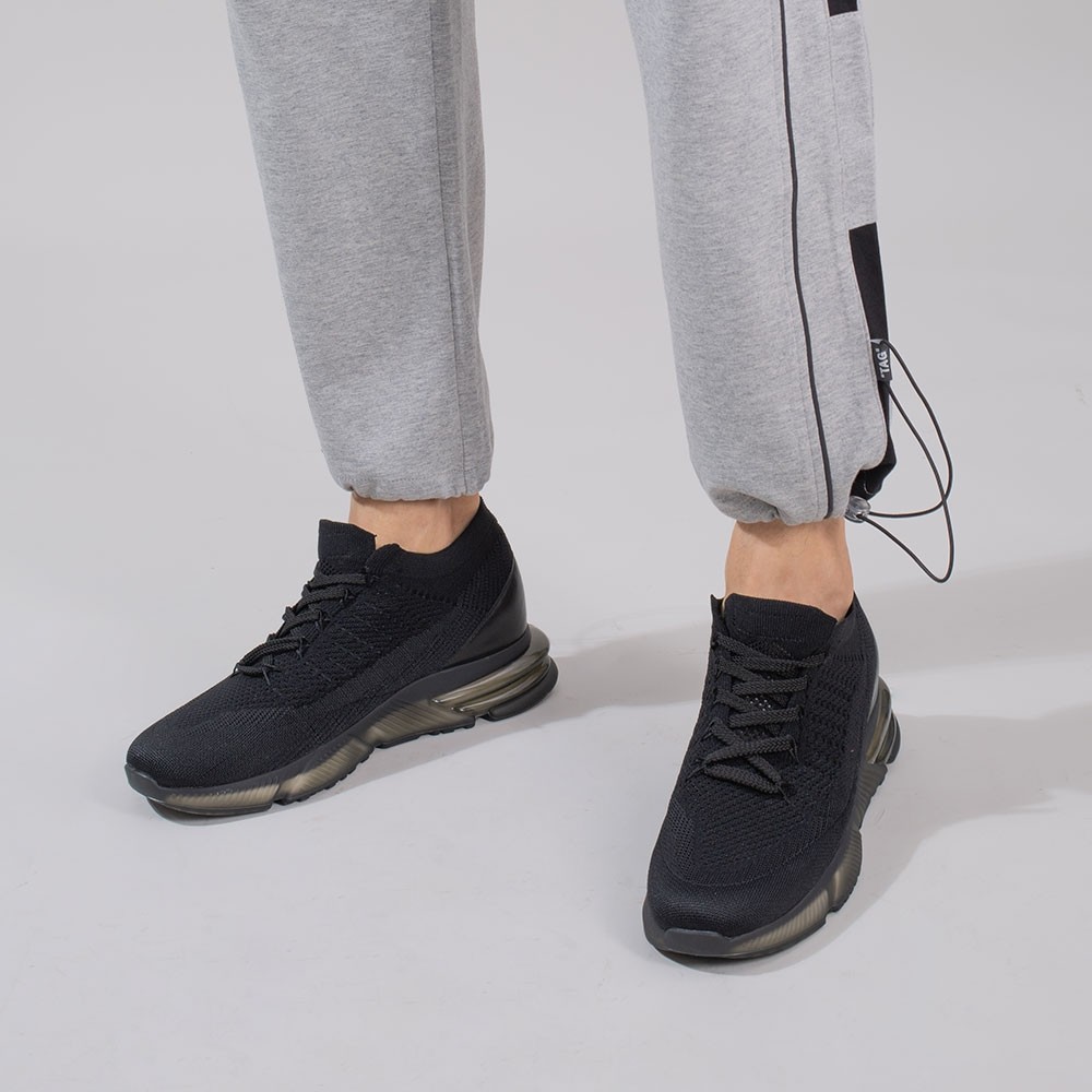 STRIDE Height Increasing Shoes For Men Hidden Heel Trainers Black Knit Sneakers Shoes 7CM / 2.76 Inches Taller