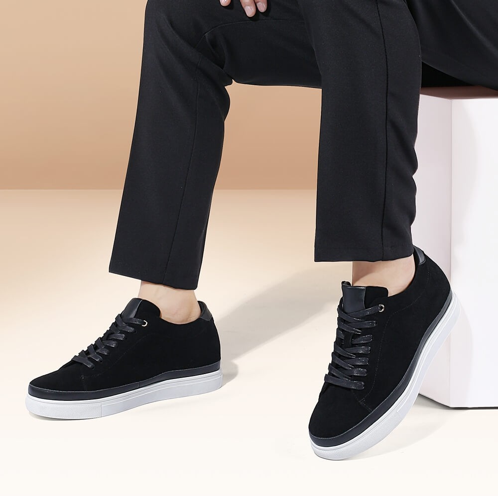 STRIDE Casual Tall Men Shoes - Men Elevator Sneakers - Black Suede Leather Sneakers For Men 6CM / 2.36 Inches