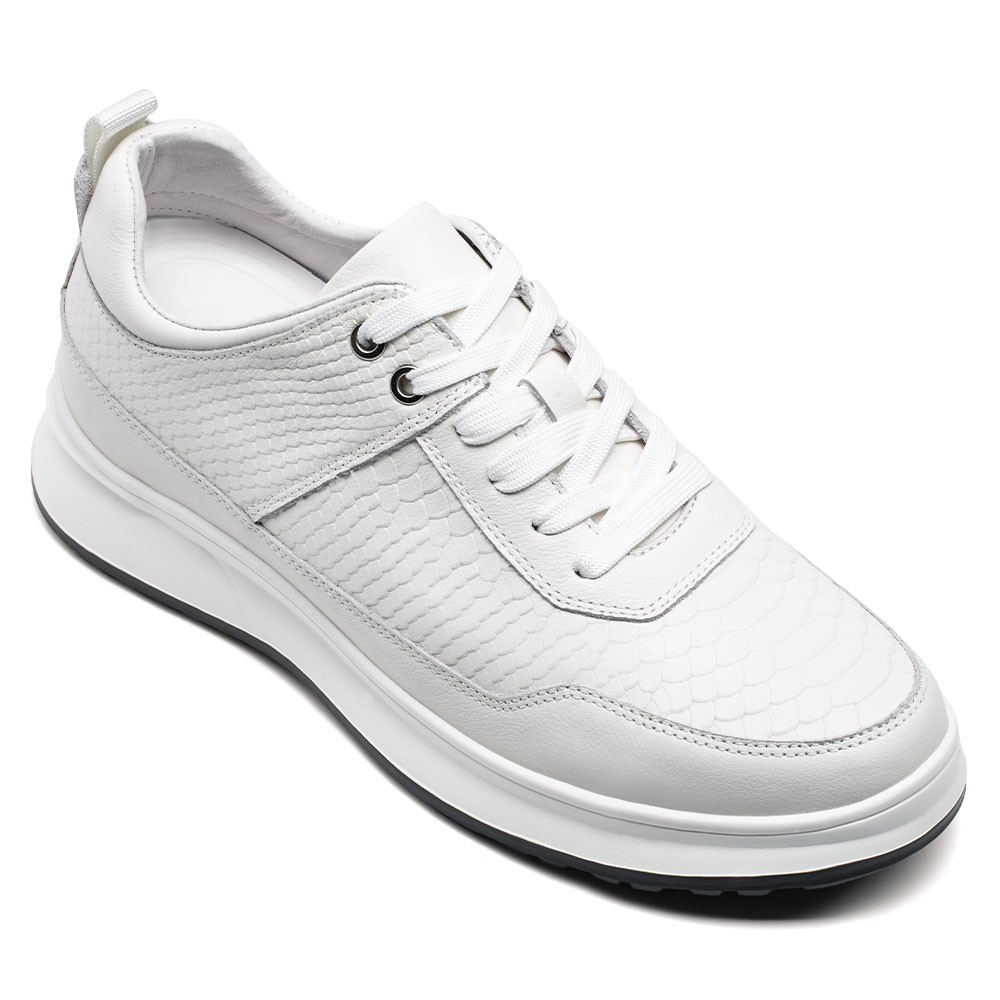 STRIDE Elevator Sneakers For Men - White Leather Hidden Heel Sneakers - Height Increasing Sneakers For Men 7CM / 2.76 Inches