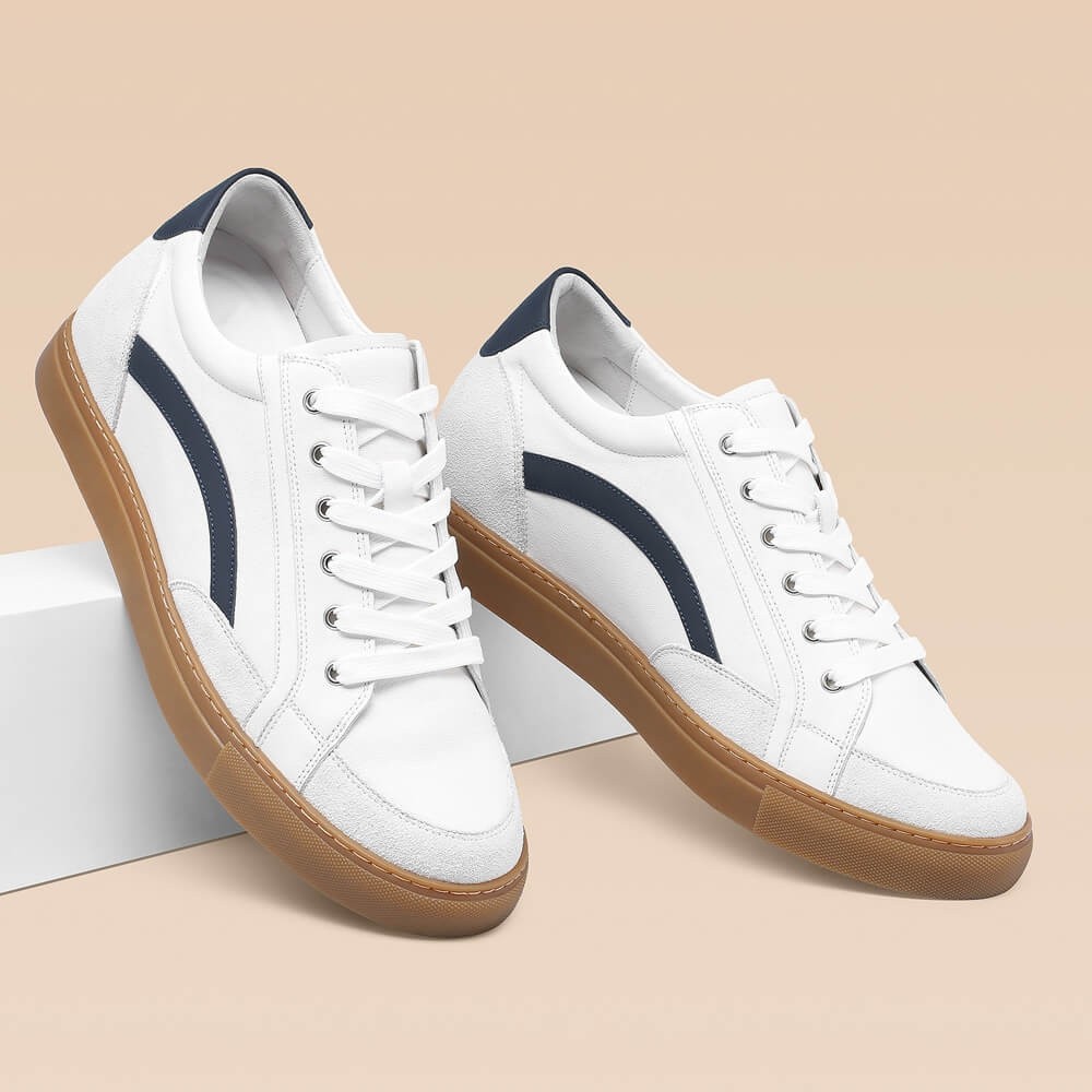 STRIDE Height Increasing Shoes - Casual Elevator Shoes - White Leather Sneakers For Men 7 CM / 2.76 Inches