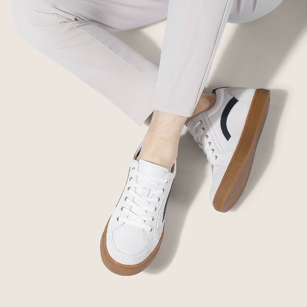 STRIDE Height Increasing Shoes - Casual Elevator Shoes - White Leather Sneakers For Men 7 CM / 2.76 Inches