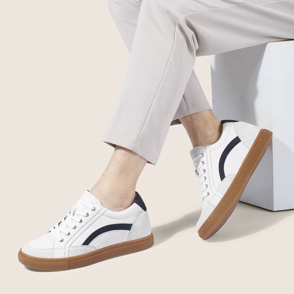 STRIDE Height Increasing Shoes - Casual Elevator Shoes - White Leather Sneakers For Men 7 CM / 2.76 Inches