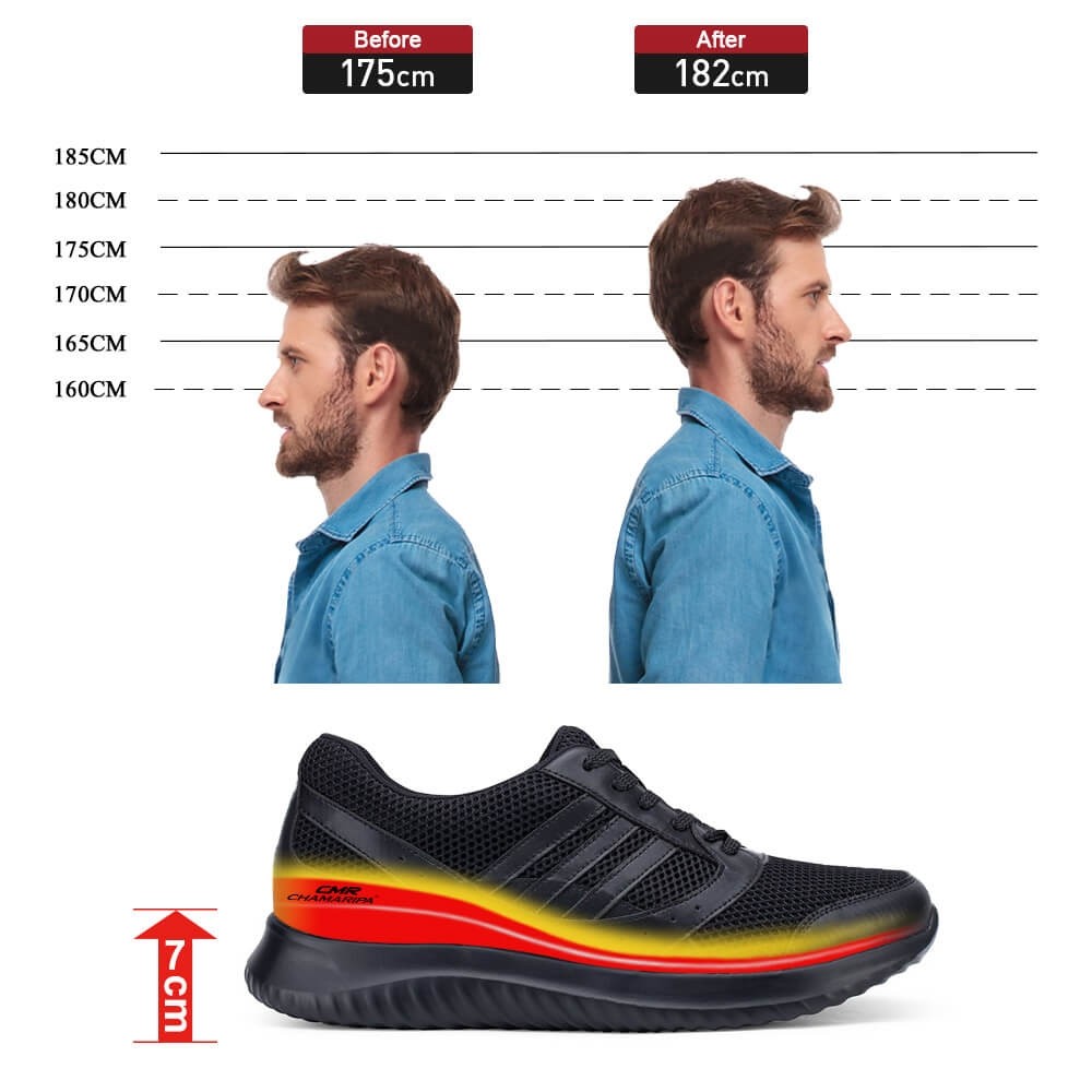 STRIDE Comfortable Height Increasing Shoes Black Mens Elevator Sneakers Sports Athletic Trainers 7CM / 2.76 Inches