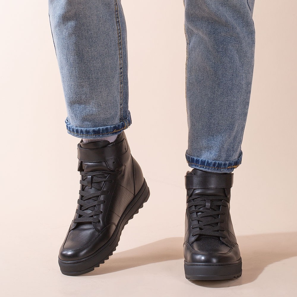 STRIDE Height Increasing Sneakers - Men Leather High Top Sneakers - Black - 7 CM / 2.76 Inches Taller