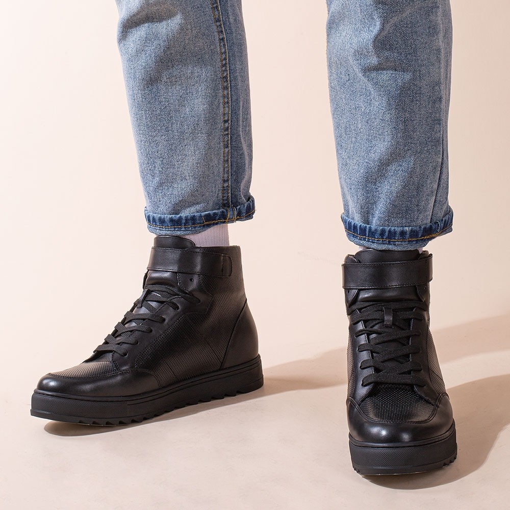 STRIDE Height Increasing Sneakers - Men Leather High Top Sneakers - Black - 7 CM / 2.76 Inches Taller