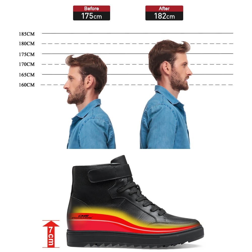 STRIDE Height Increasing Sneakers - Men Leather High Top Sneakers - Black - 7 CM / 2.76 Inches Taller