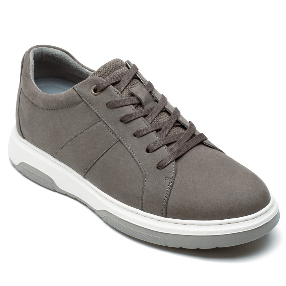 STRIDE Height Increasing Sneakers - Gray Nubuck Leather Men Height Increasing Casual Shoes 7CM / 2.76 Inches