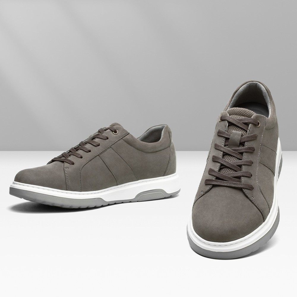 STRIDE Height Increasing Sneakers - Gray Nubuck Leather Men Height Increasing Casual Shoes 7CM / 2.76 Inches