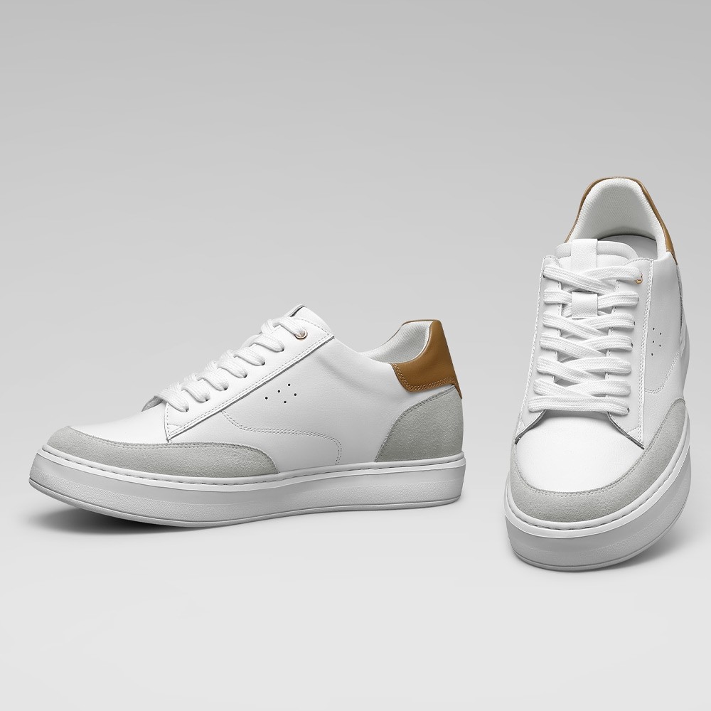 STRIDE Height Increasing Casual Shoes Sneakers - White Men Leather Casual Lift Shoes 7cm / 2.76 Inches