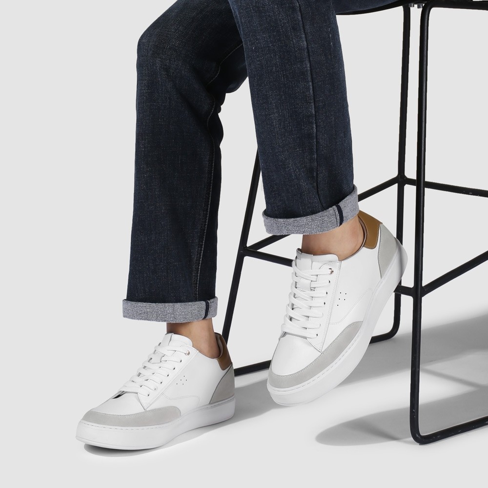 STRIDE Height Increasing Casual Shoes Sneakers - White Men Leather Casual Lift Shoes 7cm / 2.76 Inches