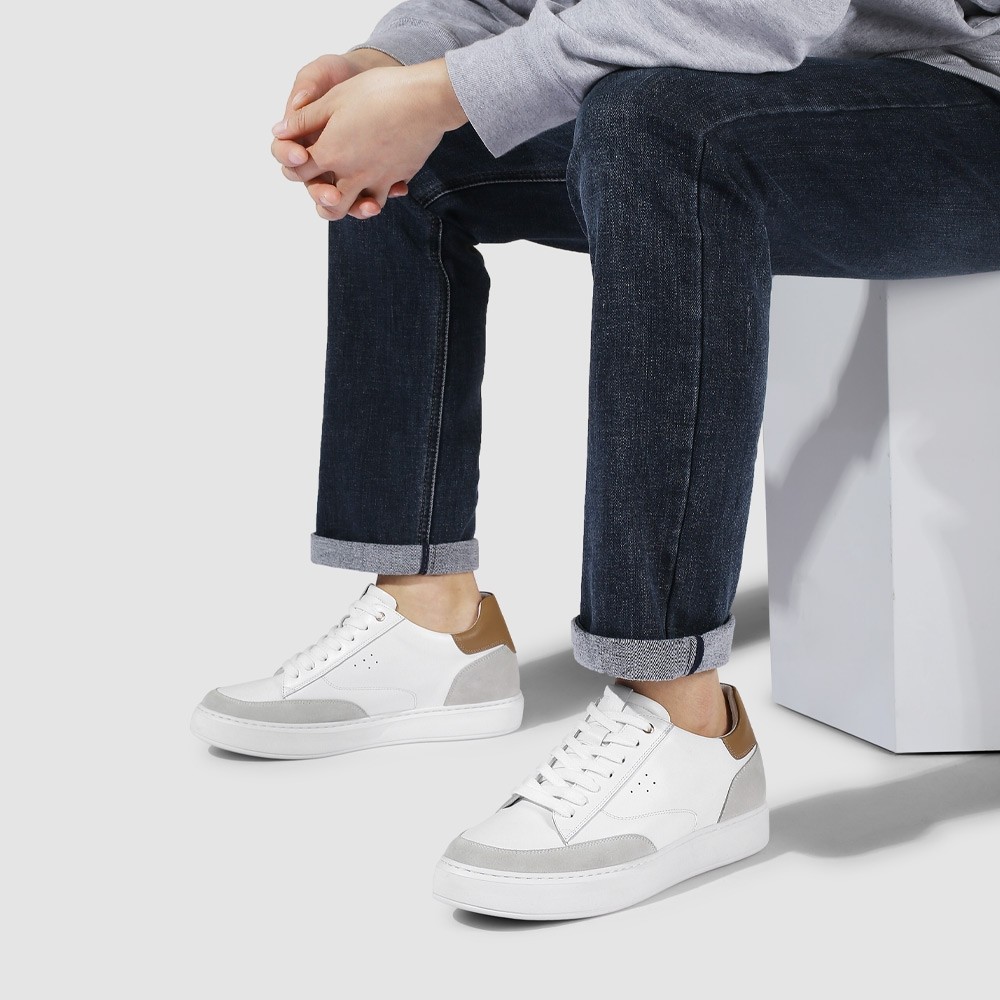 STRIDE Height Increasing Casual Shoes Sneakers - White Men Leather Casual Lift Shoes 7cm / 2.76 Inches