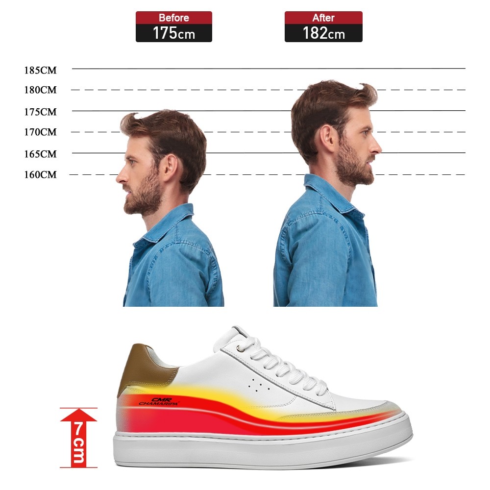 STRIDE Height Increasing Casual Shoes Sneakers - White Men Leather Casual Lift Shoes 7cm / 2.76 Inches