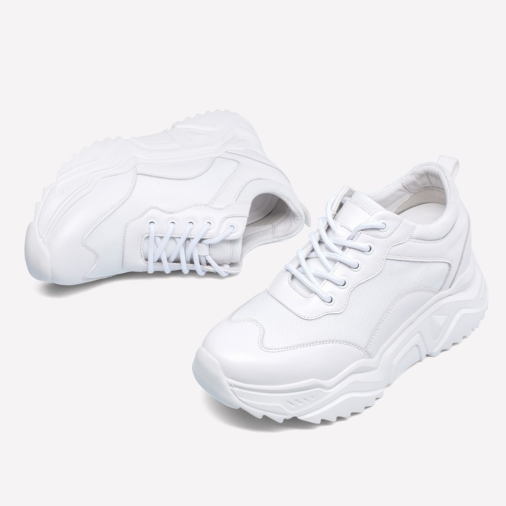 STRIDE Elevator Shoes For Women - Height Increasing Shoes For Ladies - White Wedge Sneakers 8cm / 3.15 Inches