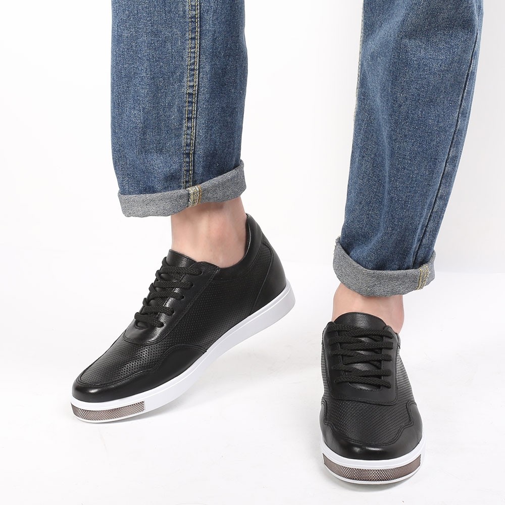 STRIDE Casual Men Taller Shoes - Hidde High Heel Shoes For Men - Black Leather Sneakers That Add Height 6CM / 2.36 Inches