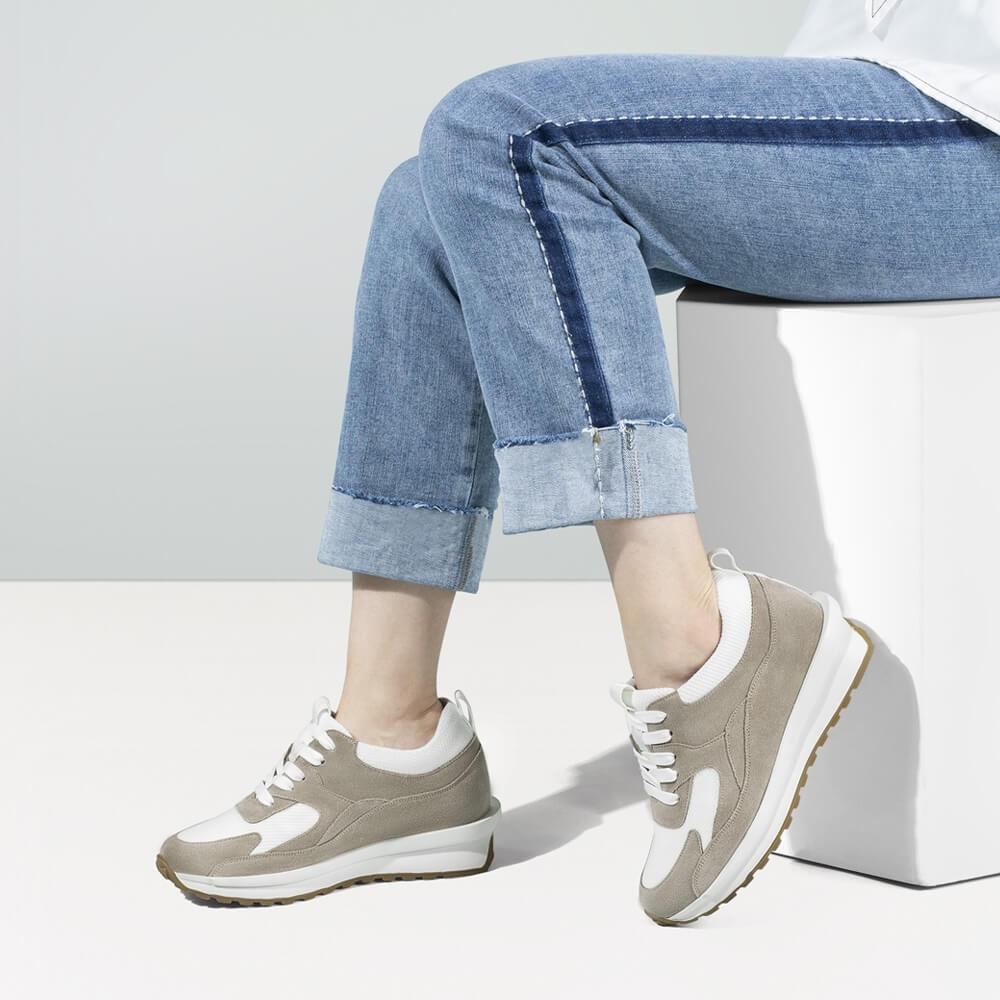 STRIDE Elevator Sneakers For Women - Height Increasing Shoes For Ladies - Khaki Wedge Sneakers 7cm / 2.76 Inches