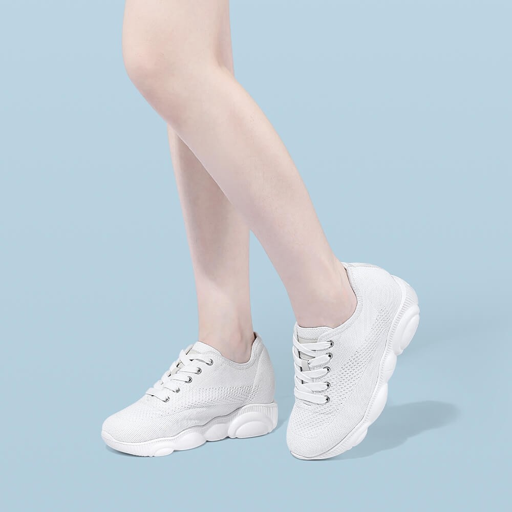 STRIDE Elevator Casual Shoes For Women - White Knit Wedge Sneakers 7CM / 2.76 Inches