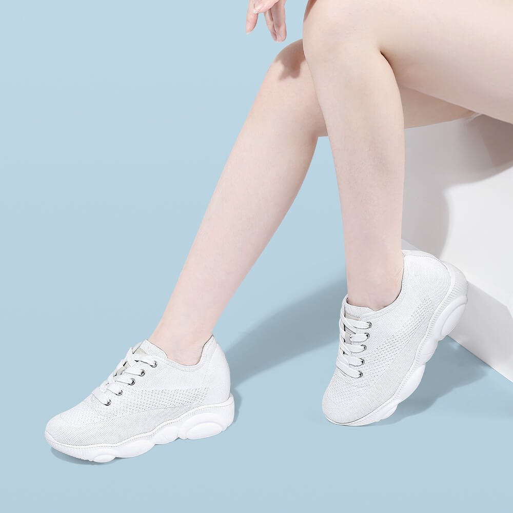 STRIDE Elevator Casual Shoes For Women - White Knit Wedge Sneakers 7CM / 2.76 Inches