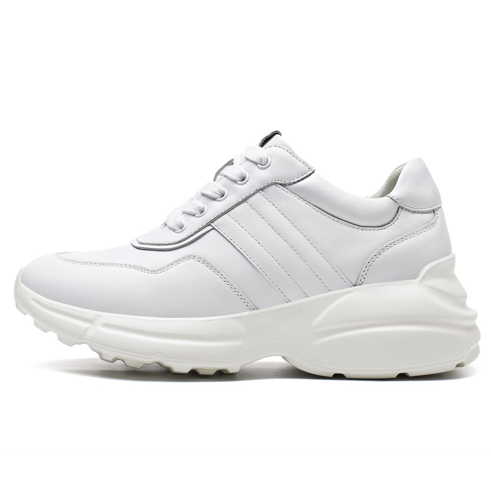 STRIDE Elevator Sneakers For Women - Casual Height Increasing Shoes - White Cowhide Leather Women Sneakers 6cm/ 2.36 Inches