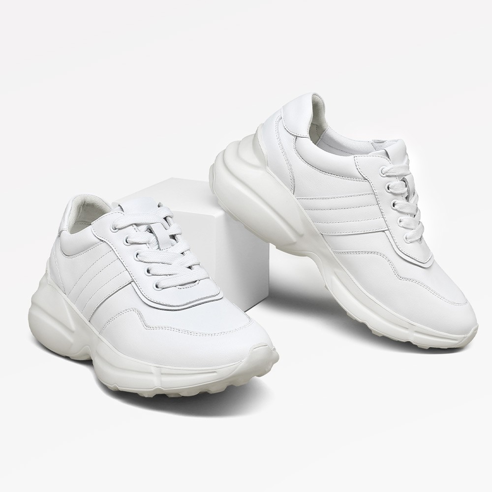 STRIDE Elevator Sneakers For Women - Casual Height Increasing Shoes - White Cowhide Leather Women Sneakers 6cm/ 2.36 Inches