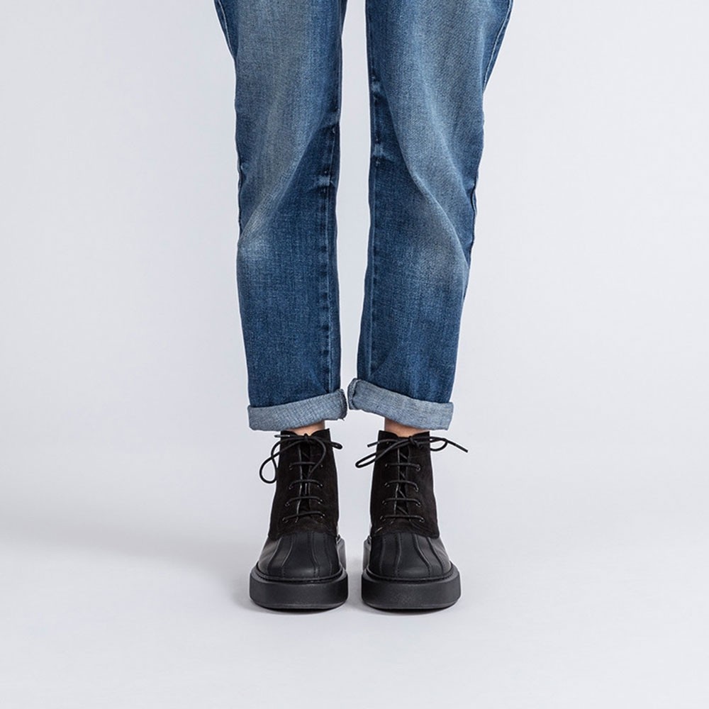 STRIDE - Women High Top Wedge Black Suede Chunky Sneaker Boots -7CM / 2.76 Inches Taller-Black
