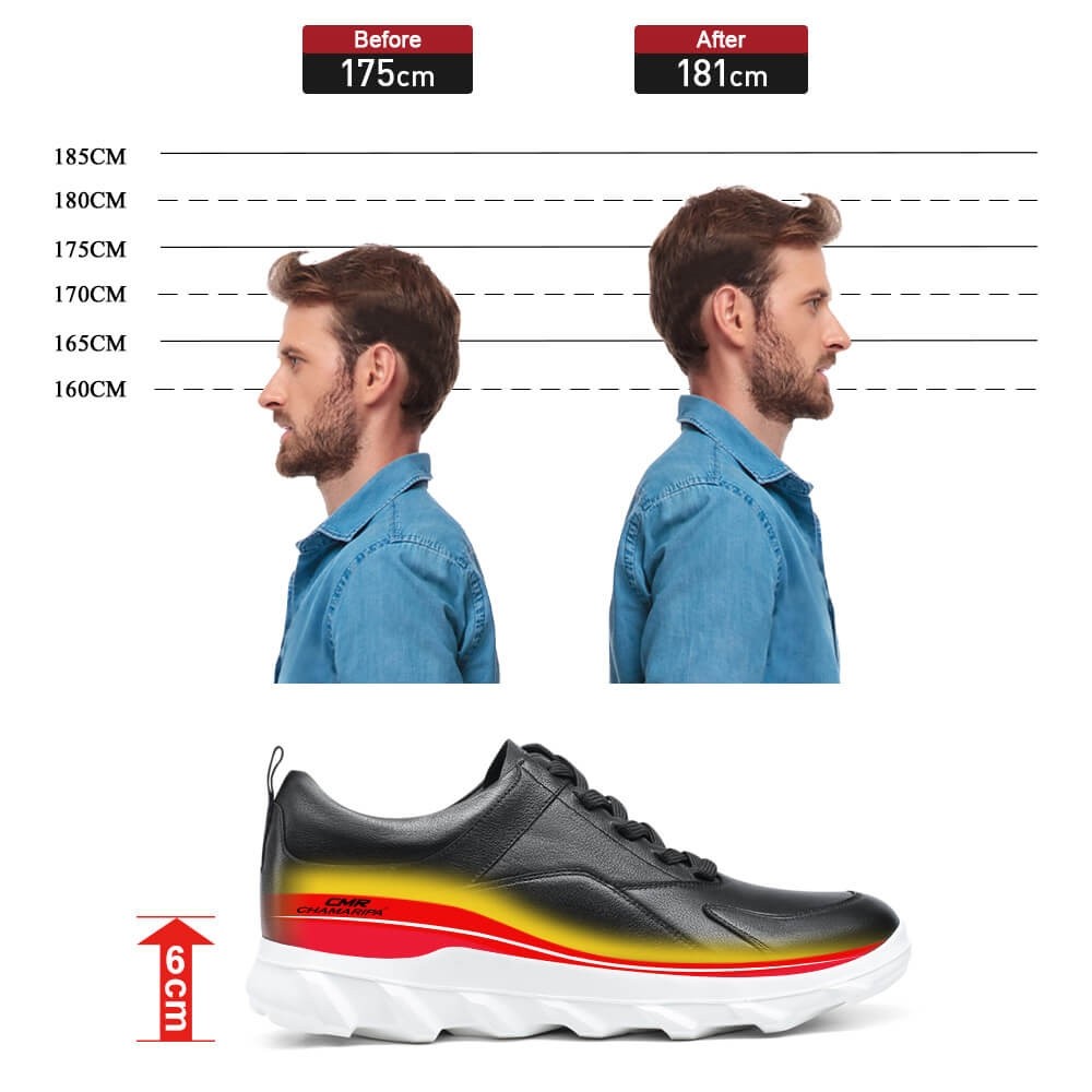 STRIDE Elevator Shoes For Men - Mens Sneakers That Make You Taller - Black Leather Sneakers 6 CM / 2.36 Inches