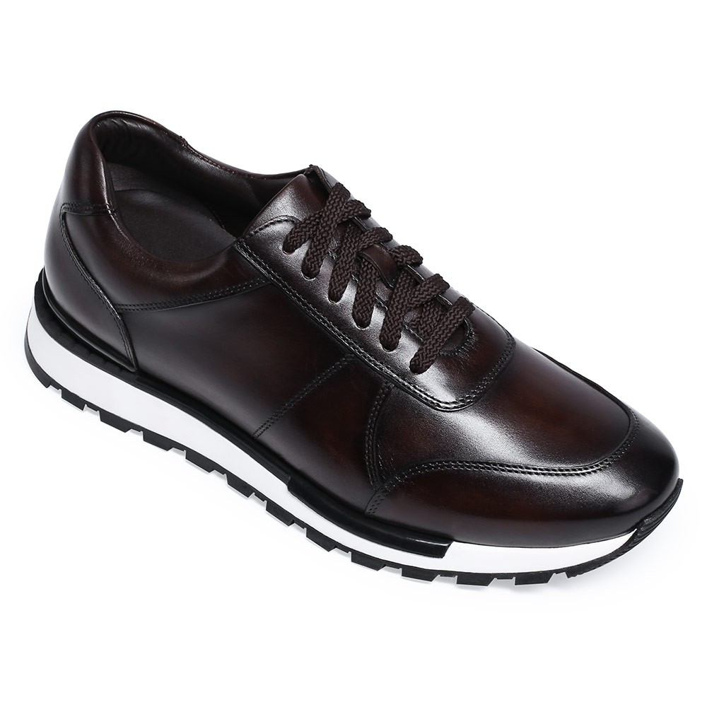 STRIDE Casual Elevator Shoes For Men - Leather Hand Painted Casual Shoes - Coffee - 6 CM/2.36 Inches Taller