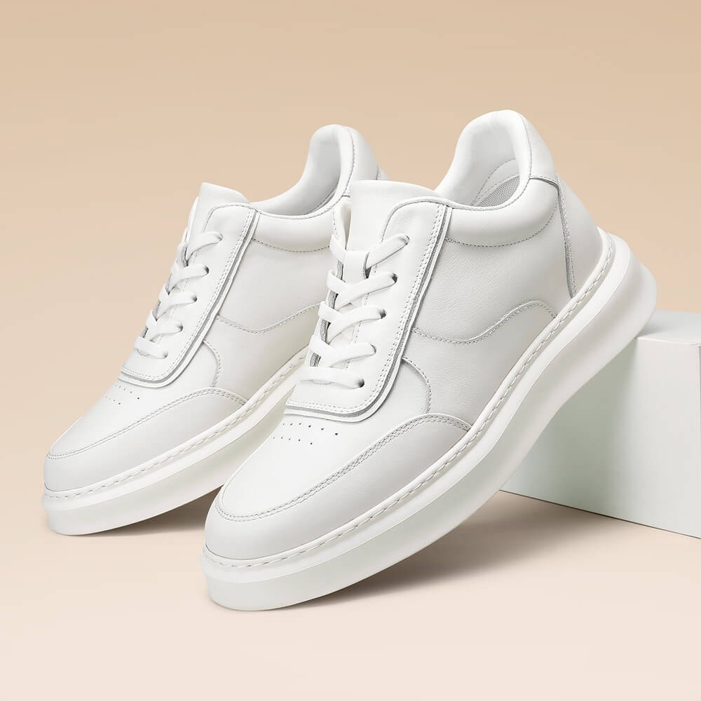STRIDE Taller Sneakers - Mens Elevator Shoes - White Leather Casual Sneakers 6cm / 2.36 Inches