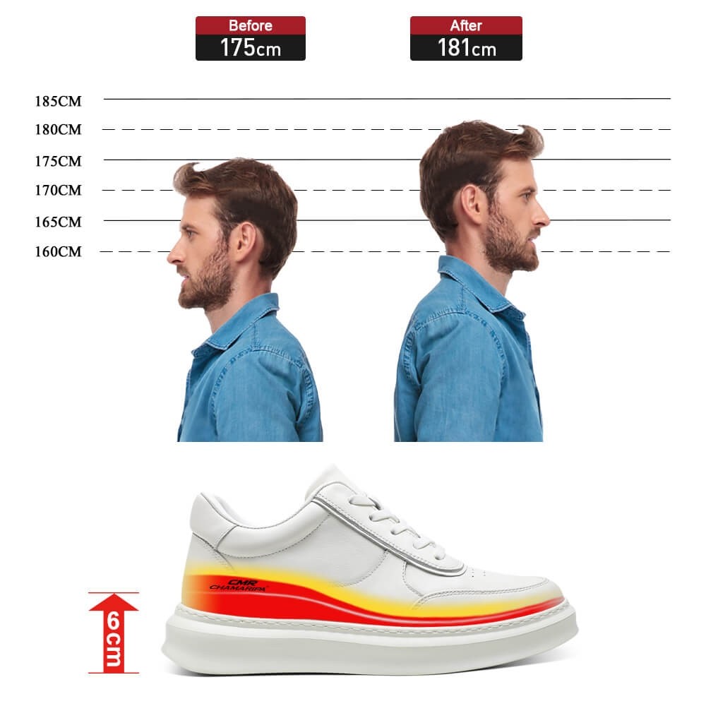 STRIDE Taller Sneakers - Mens Elevator Shoes - White Leather Casual Sneakers 6cm / 2.36 Inches