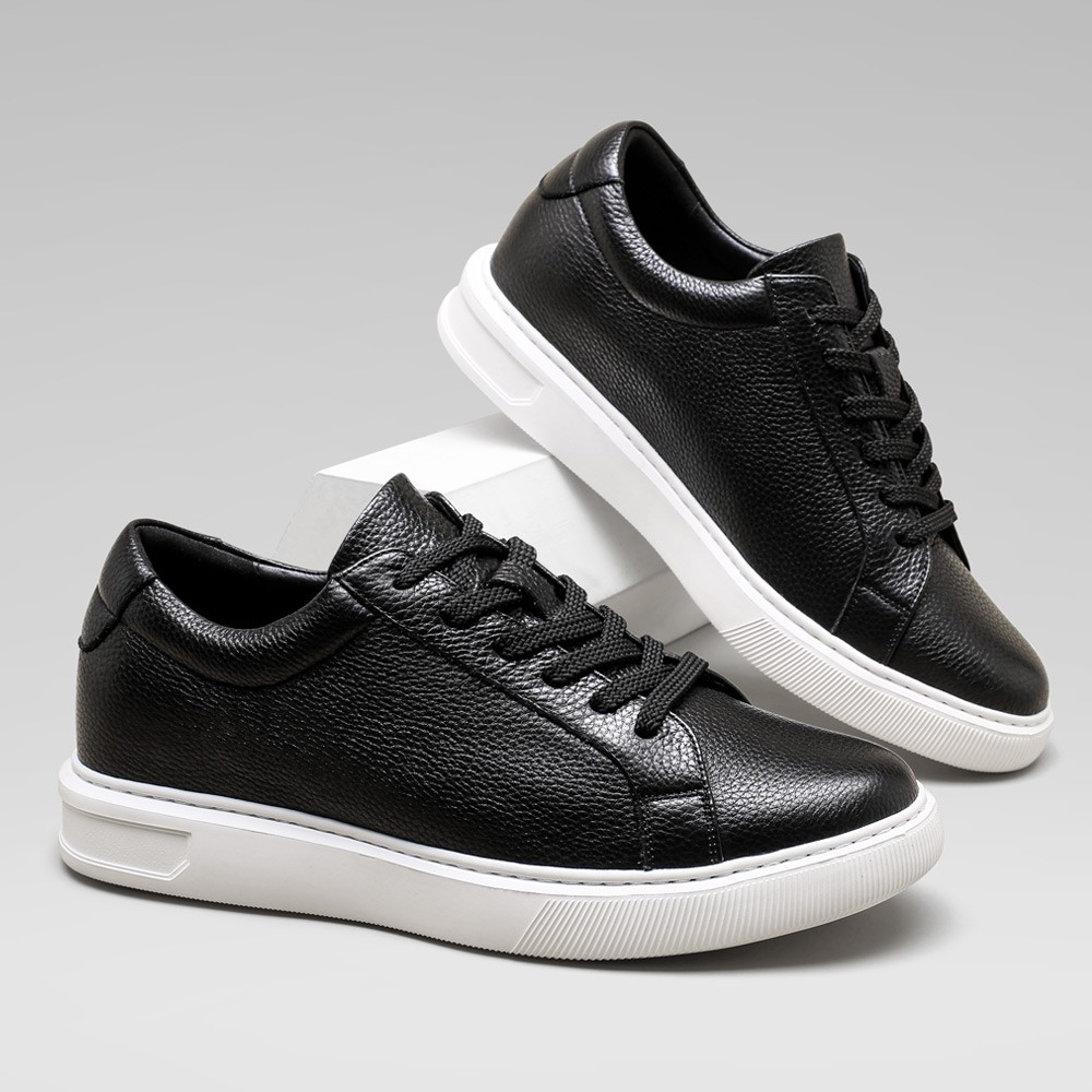 STRIDE Men Height Increase Casual Shoes - Black Cowhide Leather Men Height Increasing Sneakers 5cm / 1.95 Inches