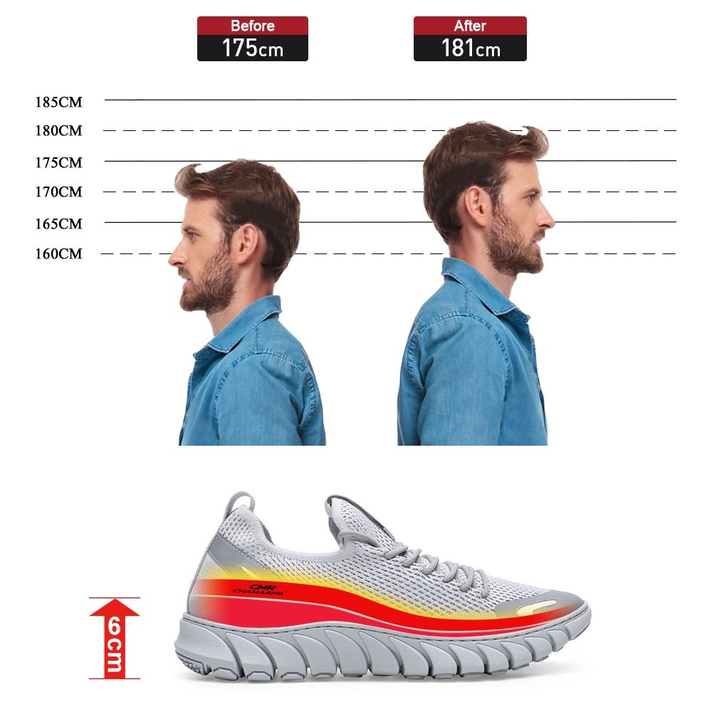STRIDE Men Elevator Shoes Sneakers - Gray Height Increasing Sneakers - Shoes That Make You Taller 6 CM / 2.36 Inches