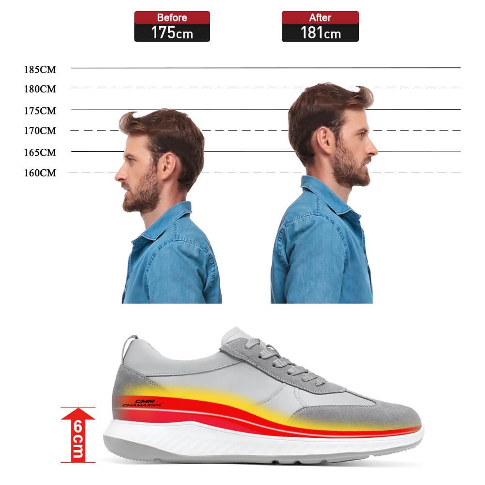 STRIDE Tall Men Shoes - Mens Sneakers That Make You Taller - Gray Suede Leather Sneakers 6 CM / 2.36 Inches