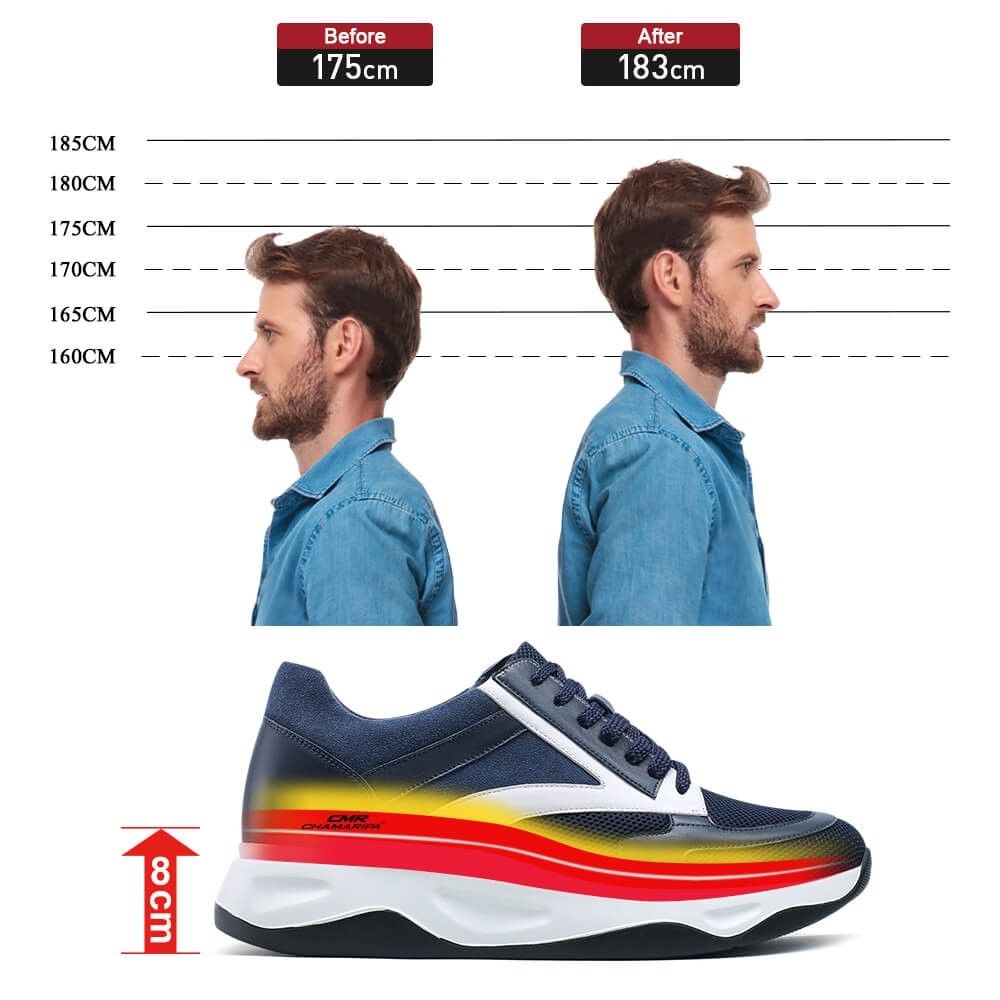 STRIDE Mens Raised Shoes - Height Elevator Shoes - Breathable Blue Sneaker For Men 8CM / 3.15 Inches