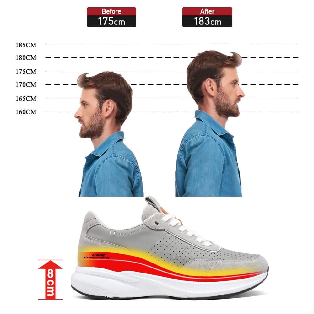 STRIDE Men Elevator Sneakers - Stylish Height Increasing Shoes - Gray Suede Leather Sneakers 8 CM / 3.15 Inches