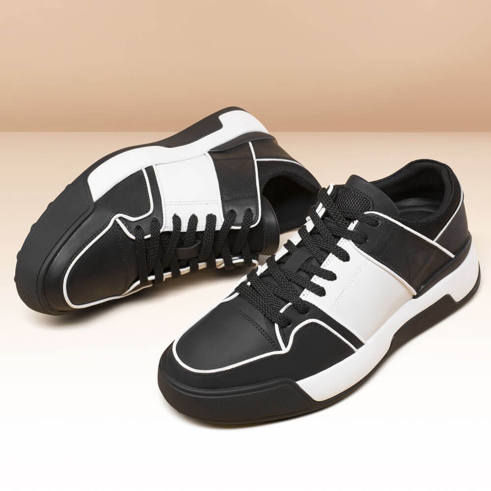 STRIDE Male Shoes That Add Height - Casual Elevator Shoes For Men - Black Leather Sneakers 7CM / 2.76 Inches
