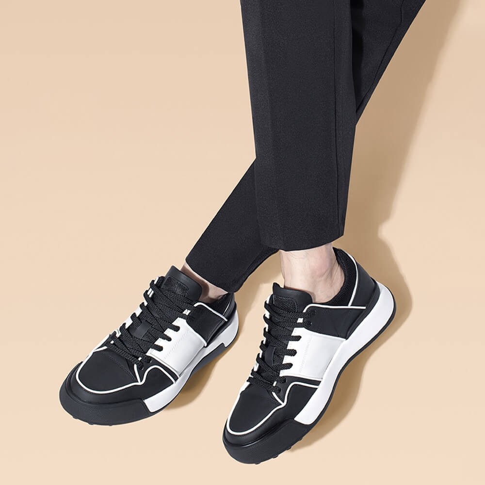 STRIDE Male Shoes That Add Height - Casual Elevator Shoes For Men - Black Leather Sneakers 7CM / 2.76 Inches