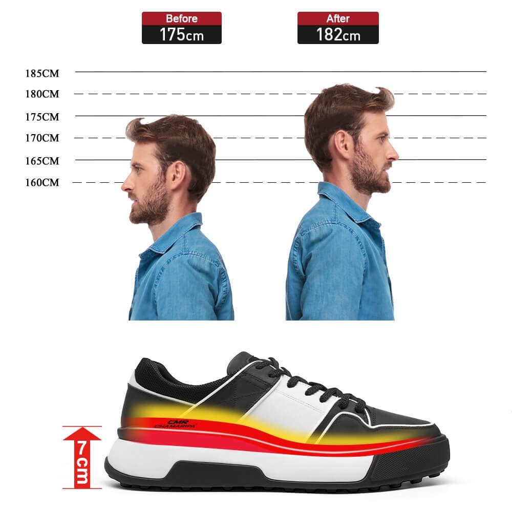 STRIDE Male Shoes That Add Height - Casual Elevator Shoes For Men - Black Leather Sneakers 7CM / 2.76 Inches