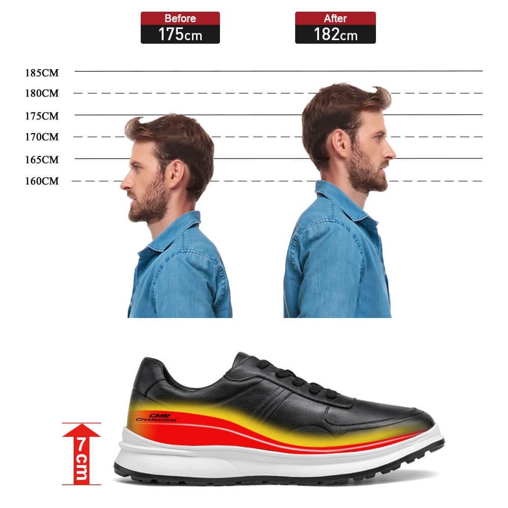 STRIDE Height Increasing Sneakers - Taller Shoes For Men - Black Leather Elevator Sneakers 7 CM / 2.76 Inches Taller
